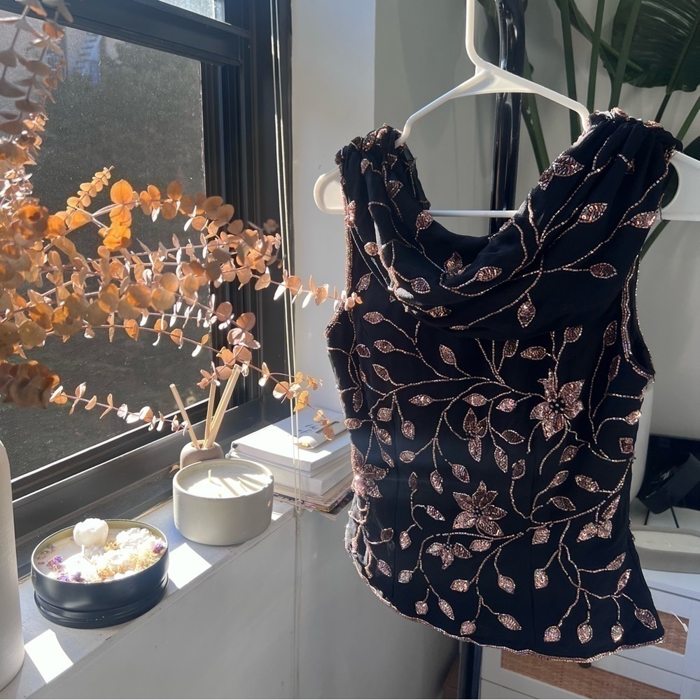 Black embroidered sequin chiffon short sleeve top